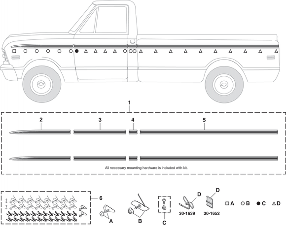 UPPER BODY, SIDE MOLDING KIT, SHORT BED, W/CLIPS, '69-'72